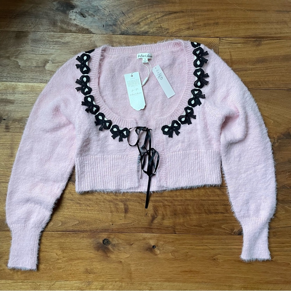 For Love & Lemons Josie Soft Fluffy Pink Bow Cardigan Sweater size small NWT - Picture 7 of 14